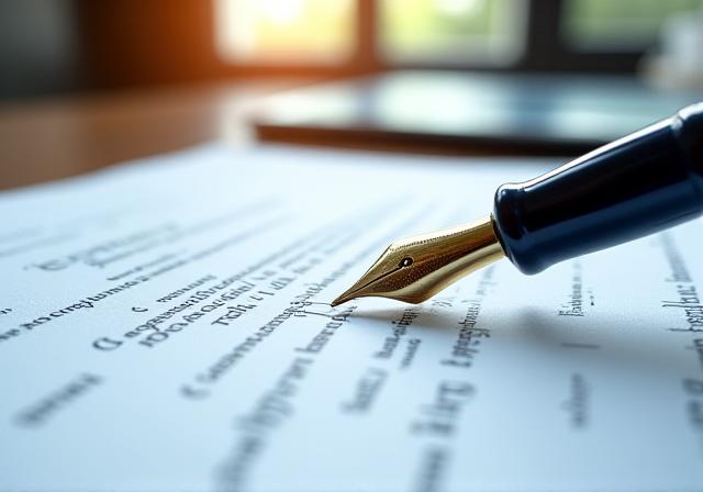 A legal professional reviewing a detailed contract with a fountain pen