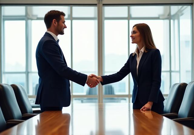Two professionals shaking hands in a bright meeting room, symbolizing successful mediation