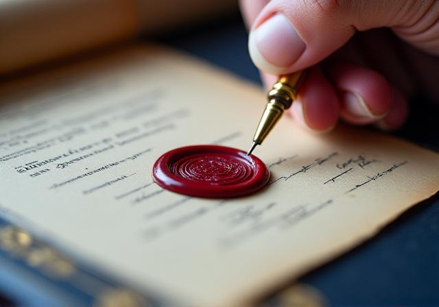 Close-up of a legal seal and a fountain pen signifying security and authority